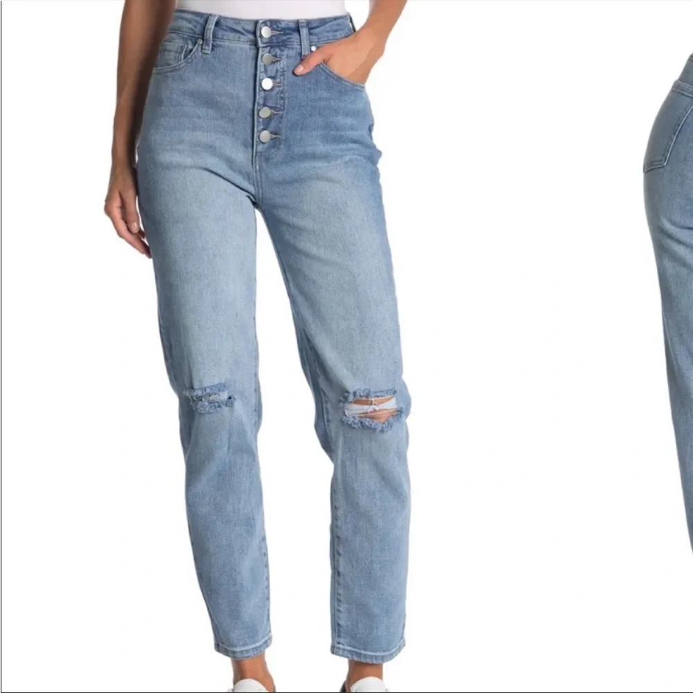 Button Fly Sustainable Distressed Mom Jeans
ABOUND